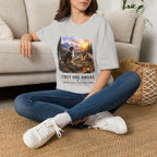 Red Tri Aussie Shepherd Camping T-Shirt — "First One Awake" Scenic Mountain Sunrise Tee