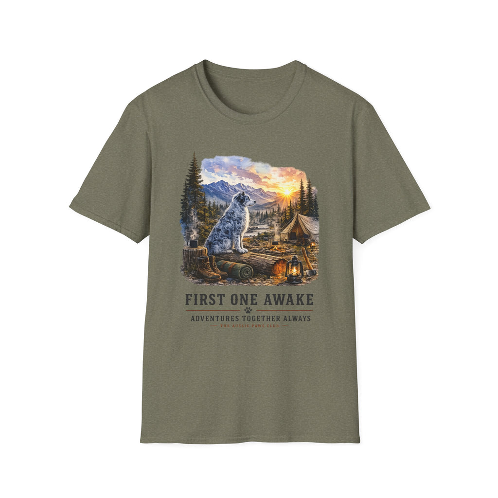 Aussie Blue Merle Camping T-Shirt — "First One Awake" Scenic Mountain Sunrise Tee