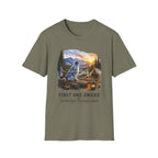 Aussie Blue Merle Camping T-Shirt — "First One Awake" Scenic Mountain Sunrise Tee