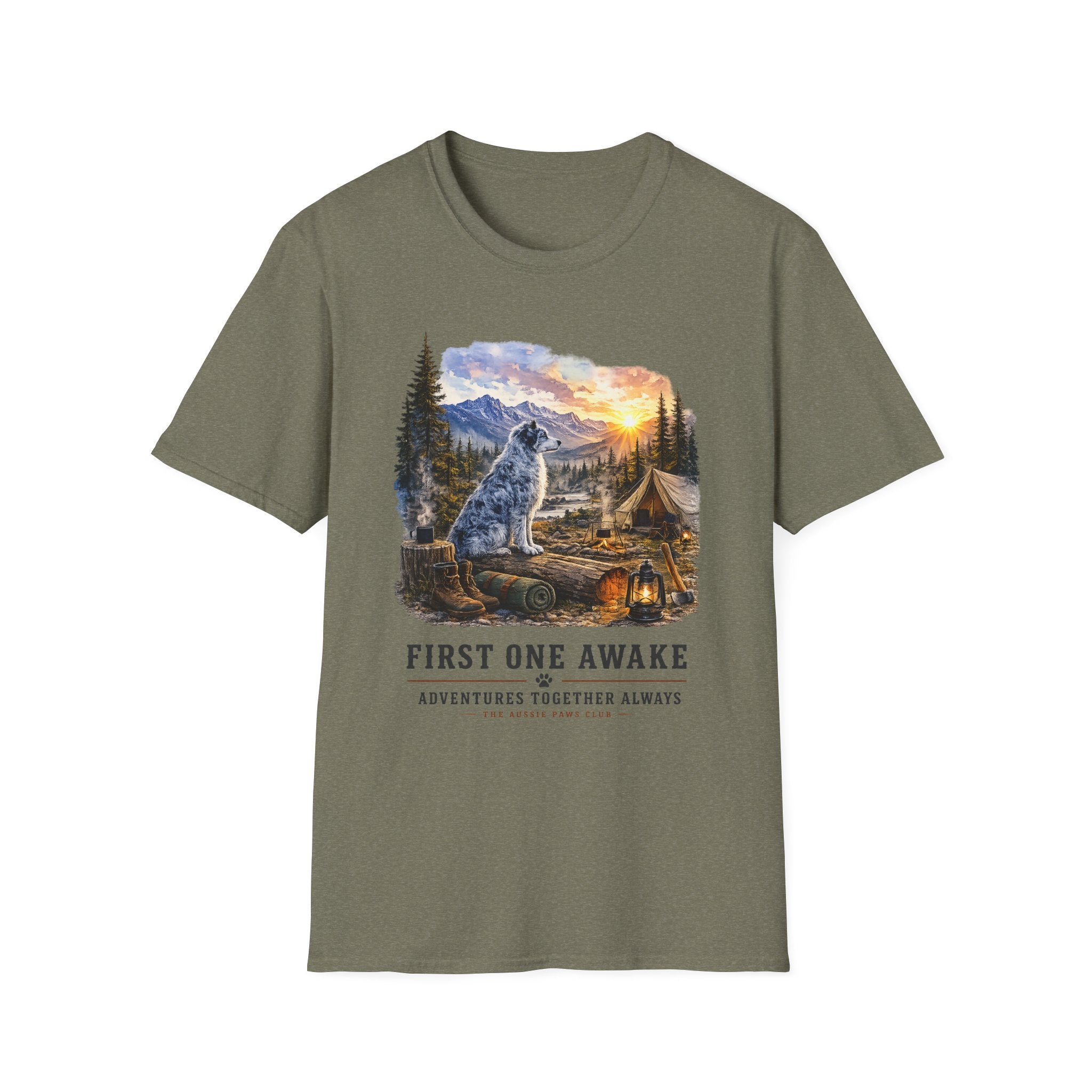 Aussie Blue Merle Camping T-Shirt — "First One Awake" Scenic Mountain Sunrise Tee
