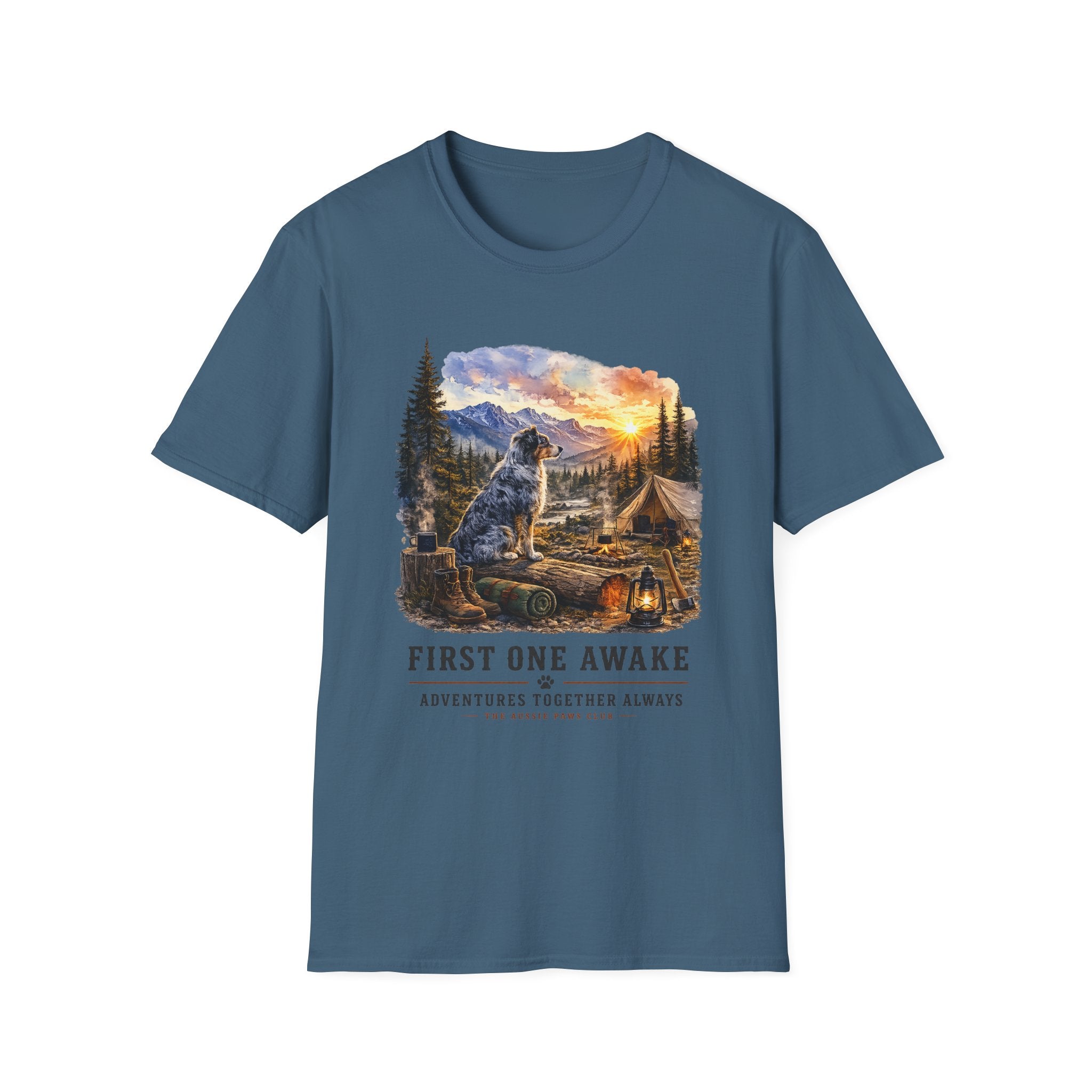 Camping Aussie T-Shirt — "First One Awake" Scenic Mountain Sunrise Tee
