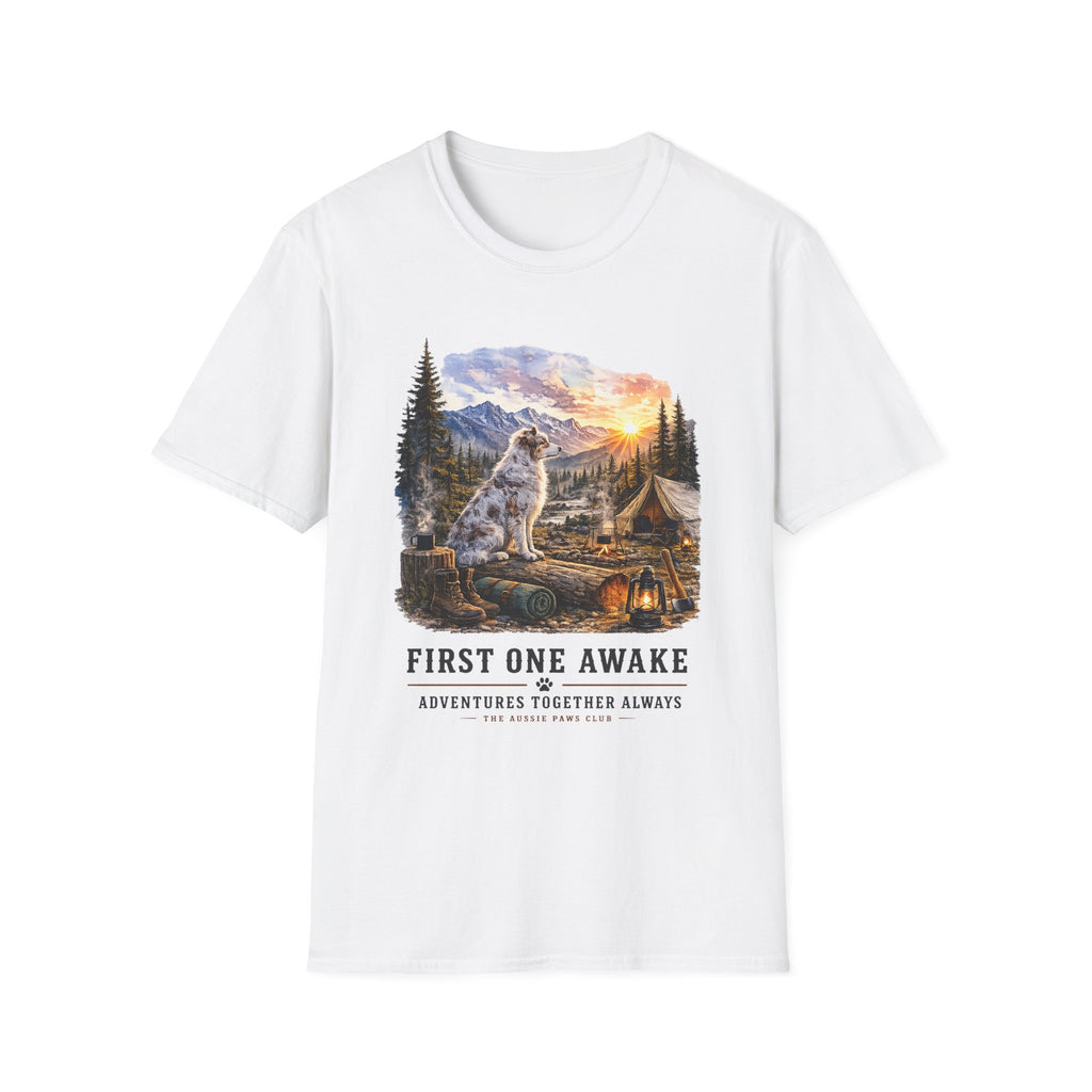Aussie Red Merle Camping T-Shirt — "First One Awake" Scenic Mountain Sunrise Tee