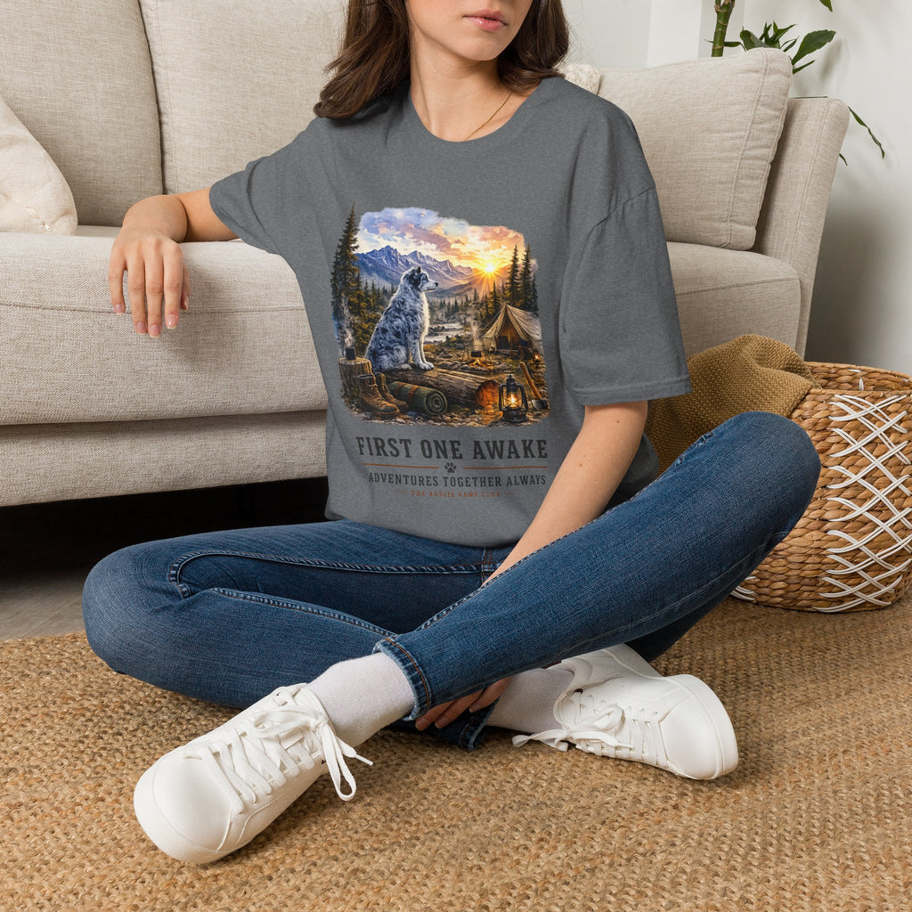 Aussie Blue Merle Camping T-Shirt — "First One Awake" Scenic Mountain Sunrise Tee