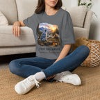 Aussie Blue Merle Camping T-Shirt — "First One Awake" Scenic Mountain Sunrise Tee