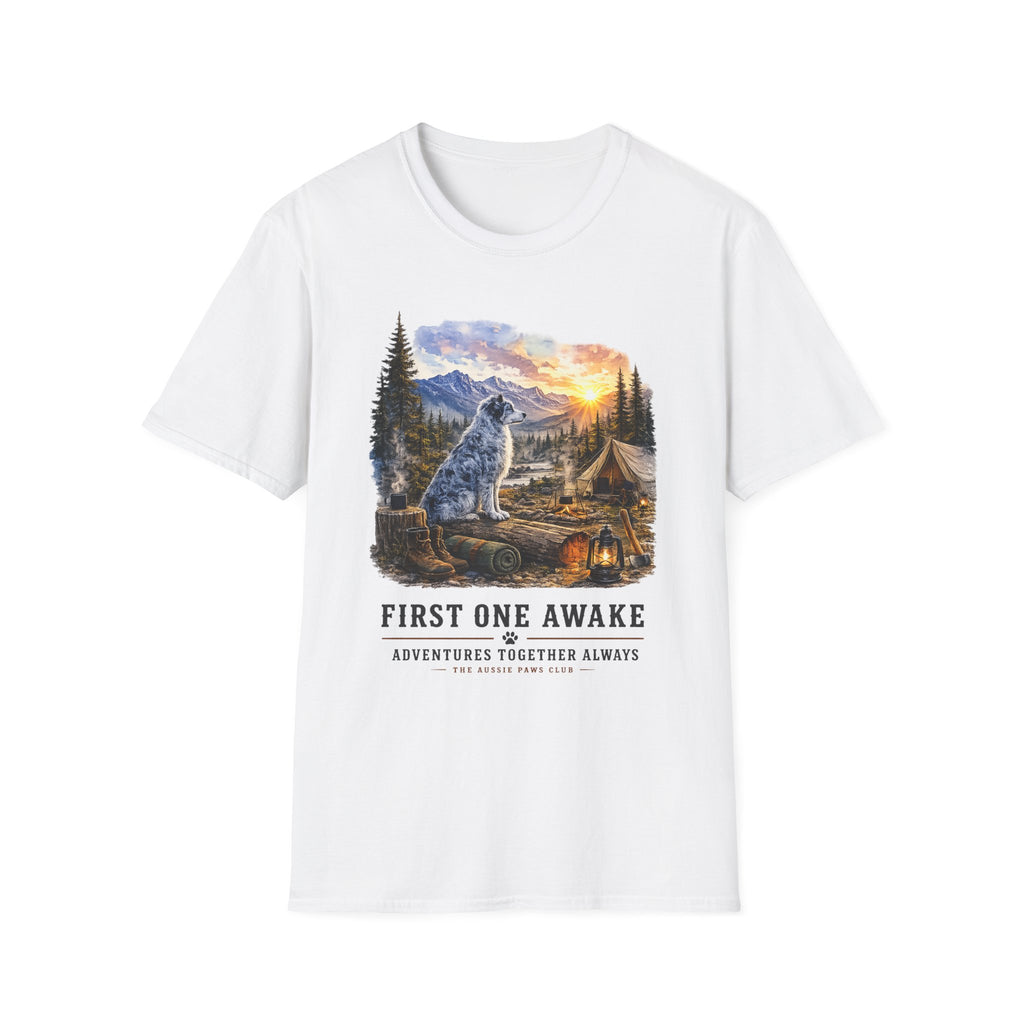 Aussie Blue Merle Camping T-Shirt — "First One Awake" Scenic Mountain Sunrise Tee