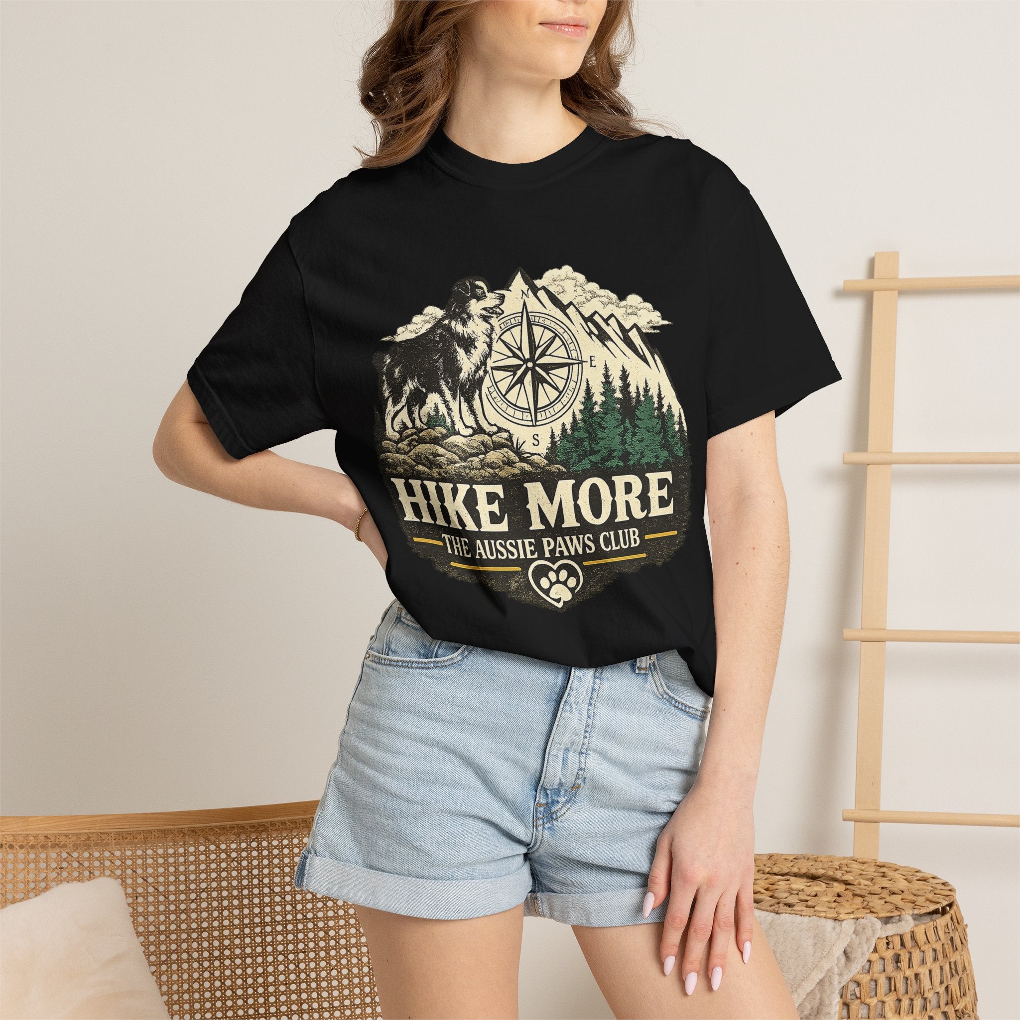 Hike More Australian Shepherd T-Shirt | Vintage Compass Mountain Trail Tee