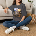 Aussie Red Merle Camping T-Shirt — "First One Awake" Scenic Mountain Sunrise Tee