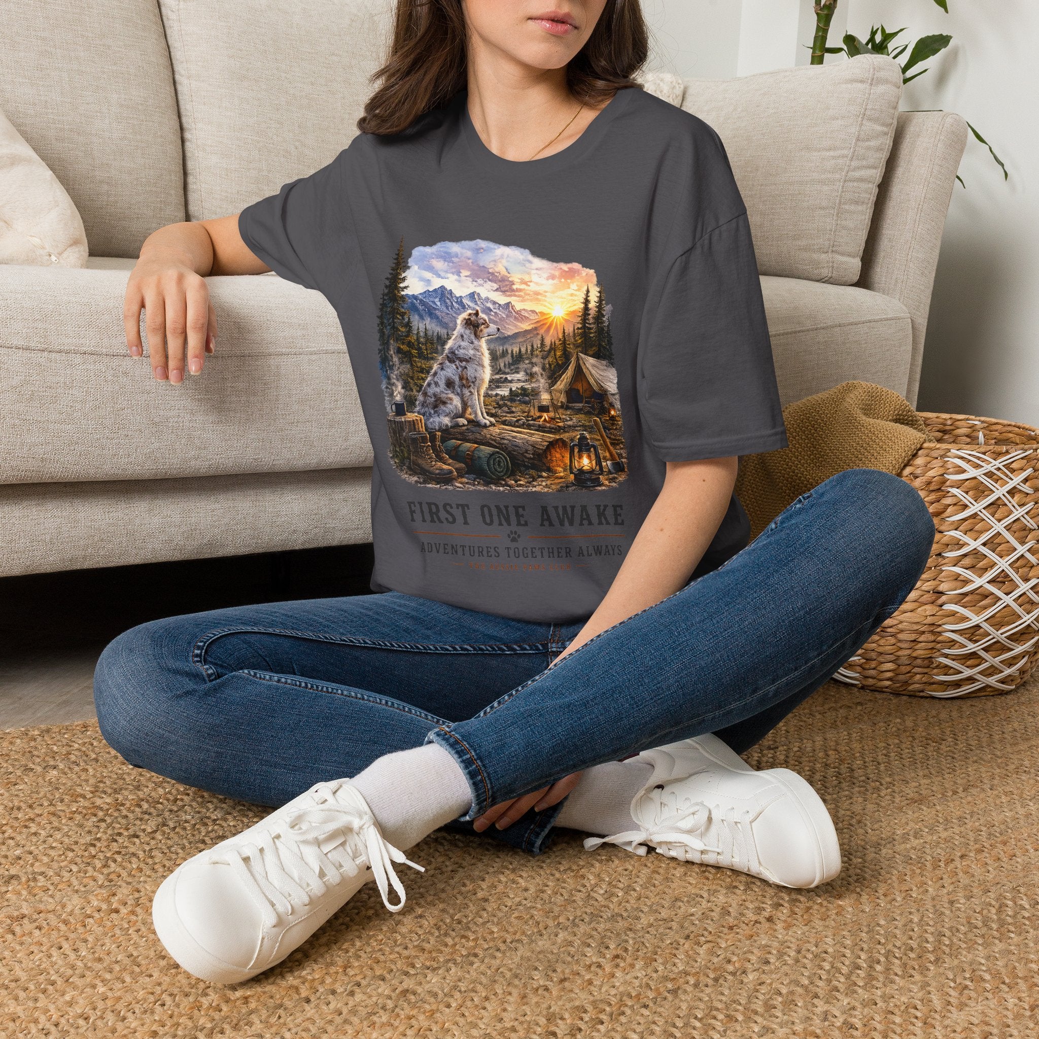 Aussie Red Merle Camping T-Shirt — "First One Awake" Scenic Mountain Sunrise Tee