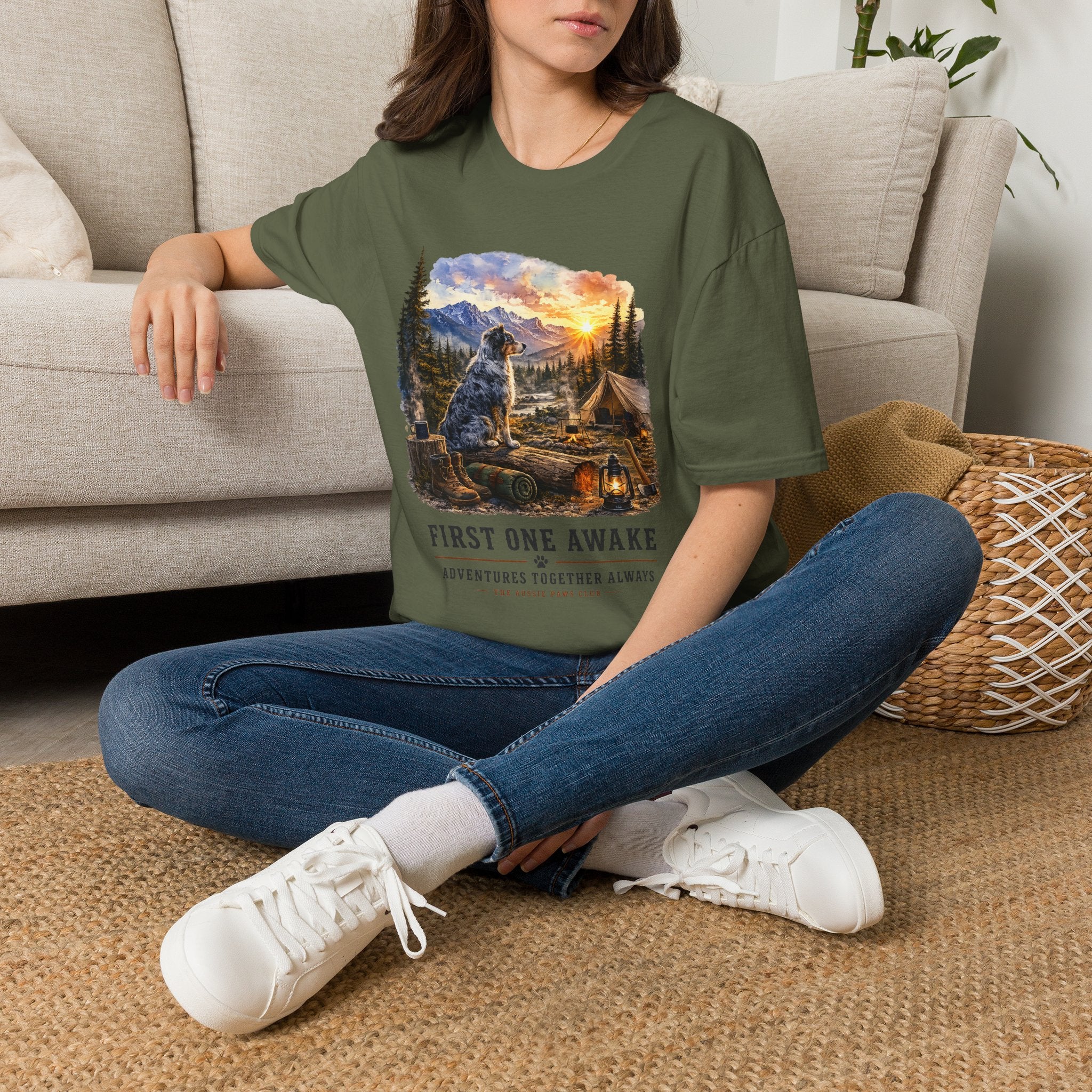 Camping Aussie T-Shirt — "First One Awake" Scenic Mountain Sunrise Tee