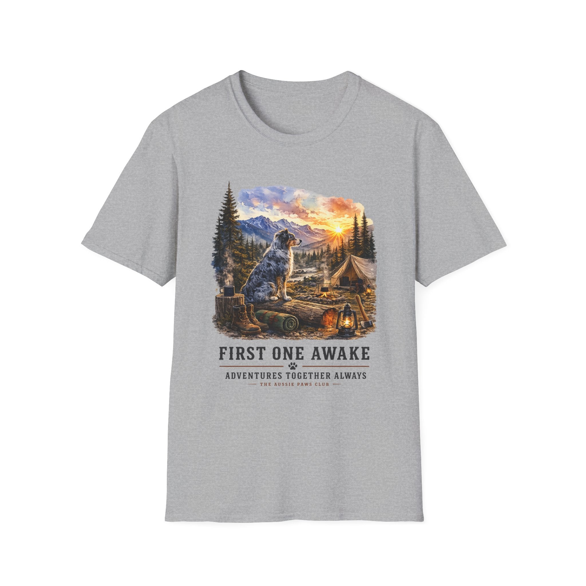 Camping Aussie T-Shirt — "First One Awake" Scenic Mountain Sunrise Tee