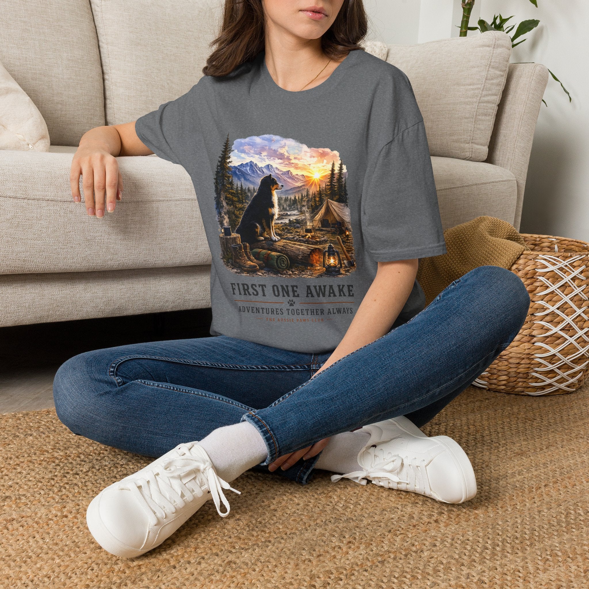 Black Tri Colored Aussie Shepherd Camping T-Shirt — "First One Awake" Scenic Mountain Sunrise Tee