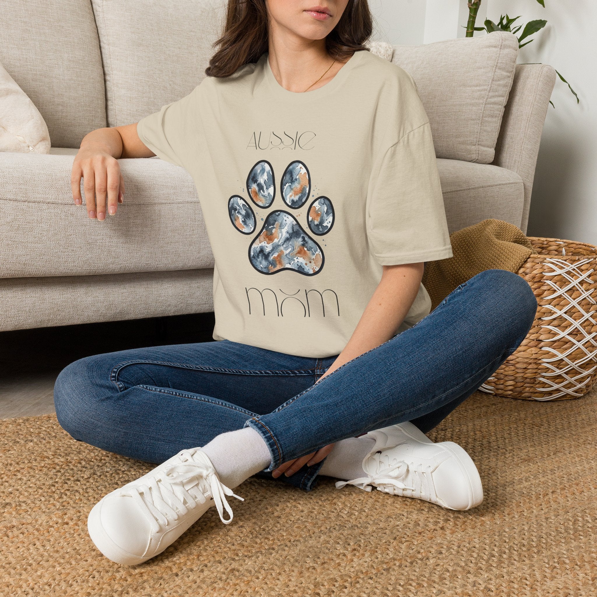 Aussie Mom Merle Paw Print T-Shirt | Watercolor Blue Merle Australian Shepherd Shirt