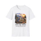 Camping Aussie T-Shirt — "First One Awake" Scenic Mountain Sunrise Tee