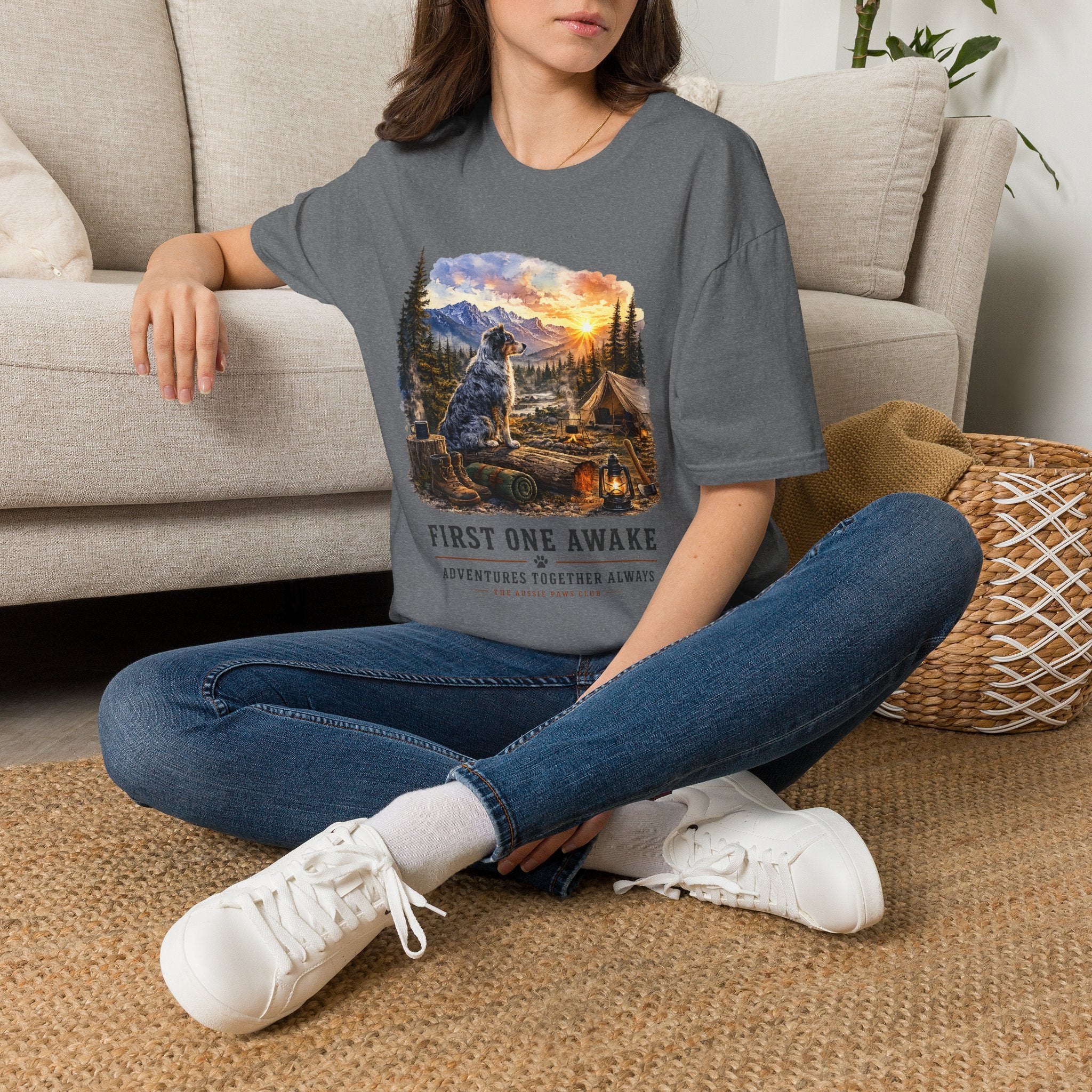 Camping Aussie T-Shirt — "First One Awake" Scenic Mountain Sunrise Tee