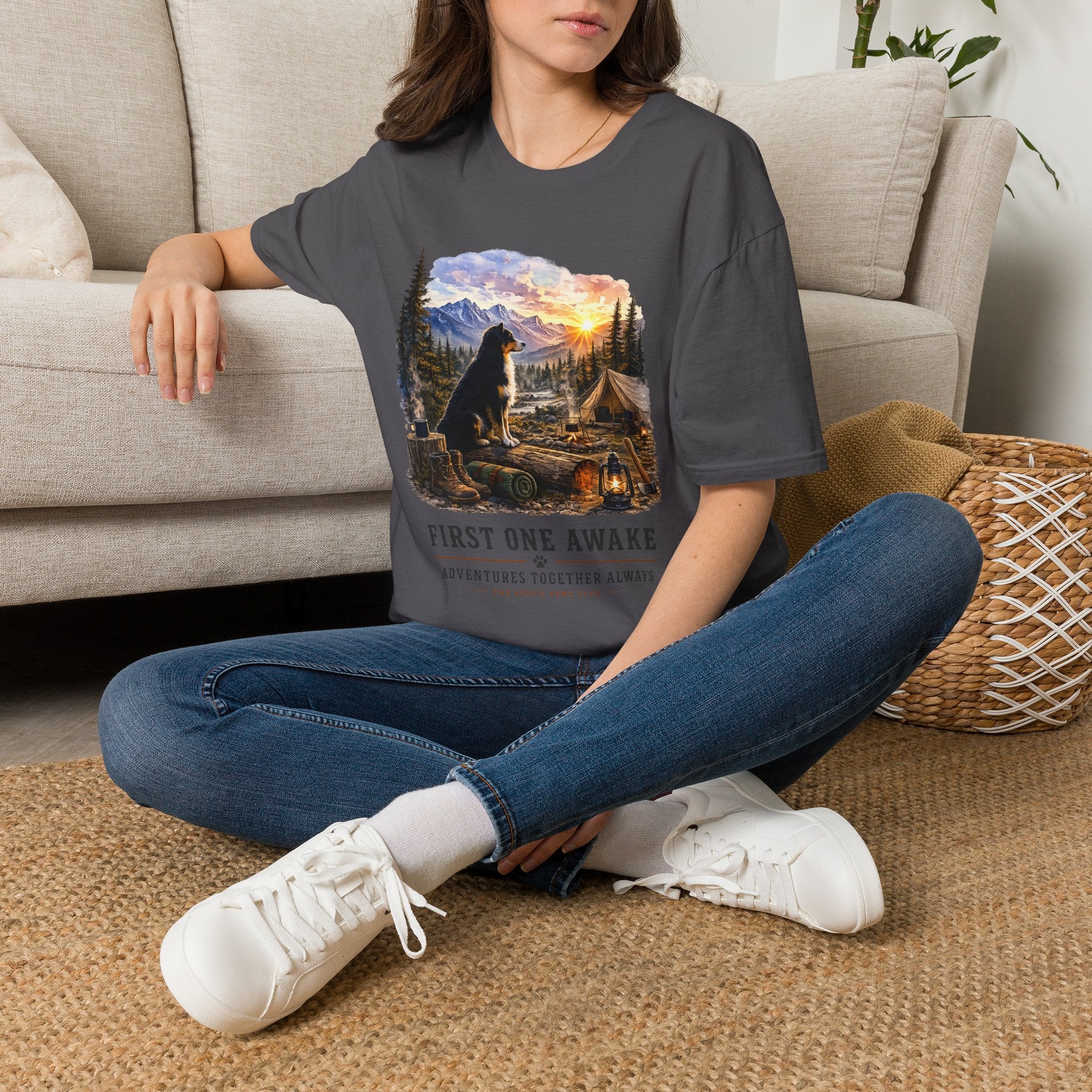Black Tri Colored Aussie Shepherd Camping T-Shirt — "First One Awake" Scenic Mountain Sunrise Tee