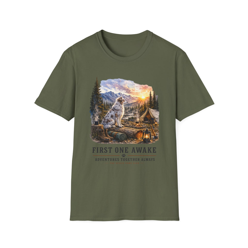 Aussie Red Merle Camping T-Shirt — "First One Awake" Scenic Mountain Sunrise Tee