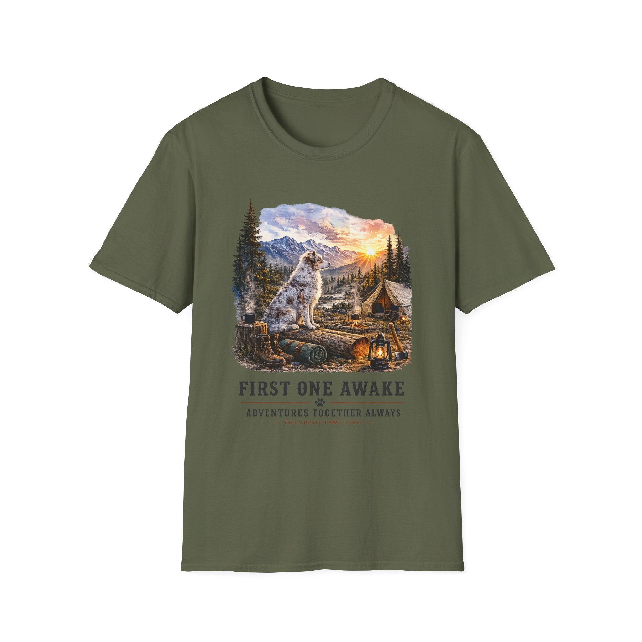 Aussie Red Merle Camping T-Shirt — "First One Awake" Scenic Mountain Sunrise Tee