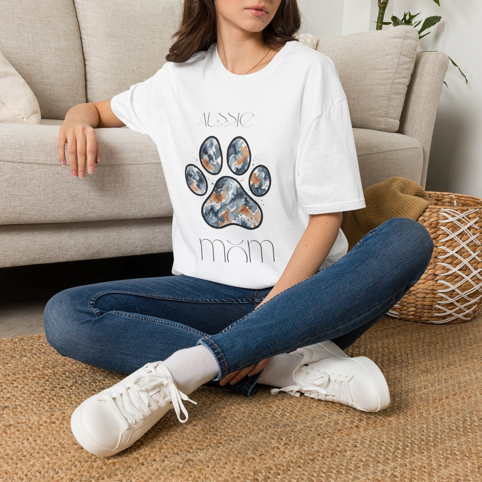 Aussie Mom Merle Paw Print T-Shirt | Watercolor Blue Merle Australian Shepherd Shirt