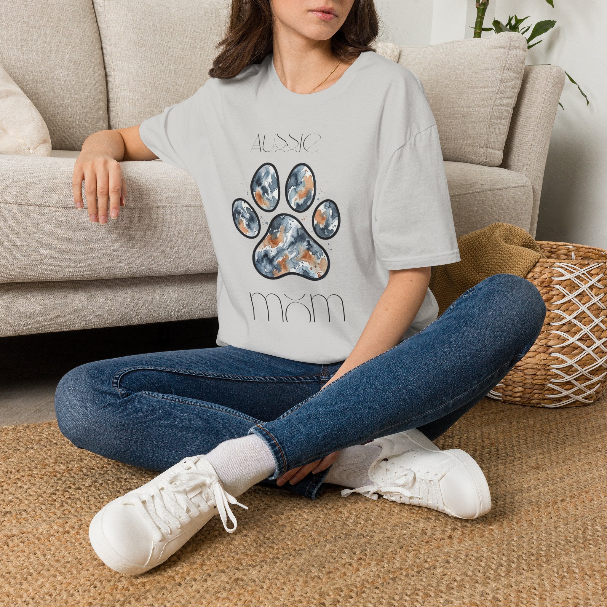 Aussie Mom Merle Paw Print T-Shirt | Watercolor Blue Merle Australian Shepherd Shirt