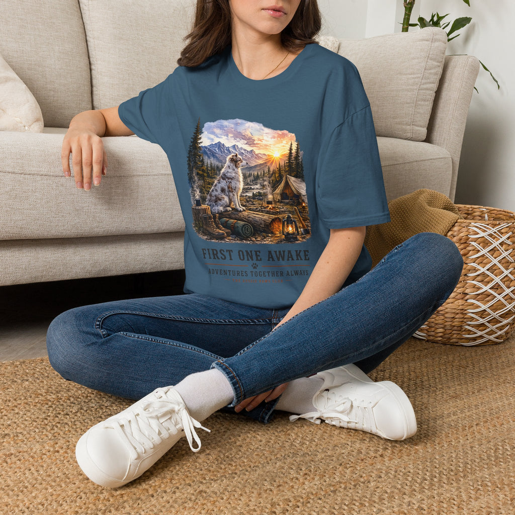 Aussie Red Merle Camping T-Shirt — "First One Awake" Scenic Mountain Sunrise Tee