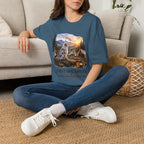 Aussie Red Merle Camping T-Shirt — "First One Awake" Scenic Mountain Sunrise Tee