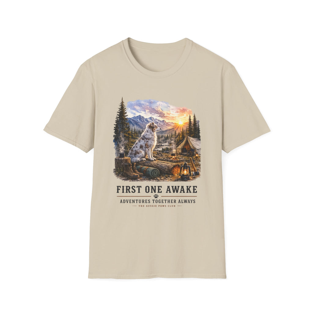 Aussie Red Merle Camping T-Shirt — "First One Awake" Scenic Mountain Sunrise Tee