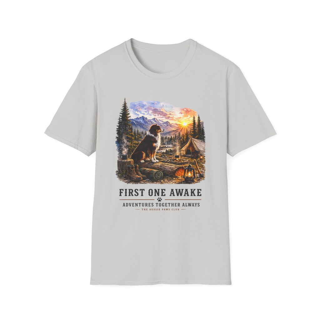 Red Tri Aussie Shepherd Camping T-Shirt — "First One Awake" Scenic Mountain Sunrise Tee