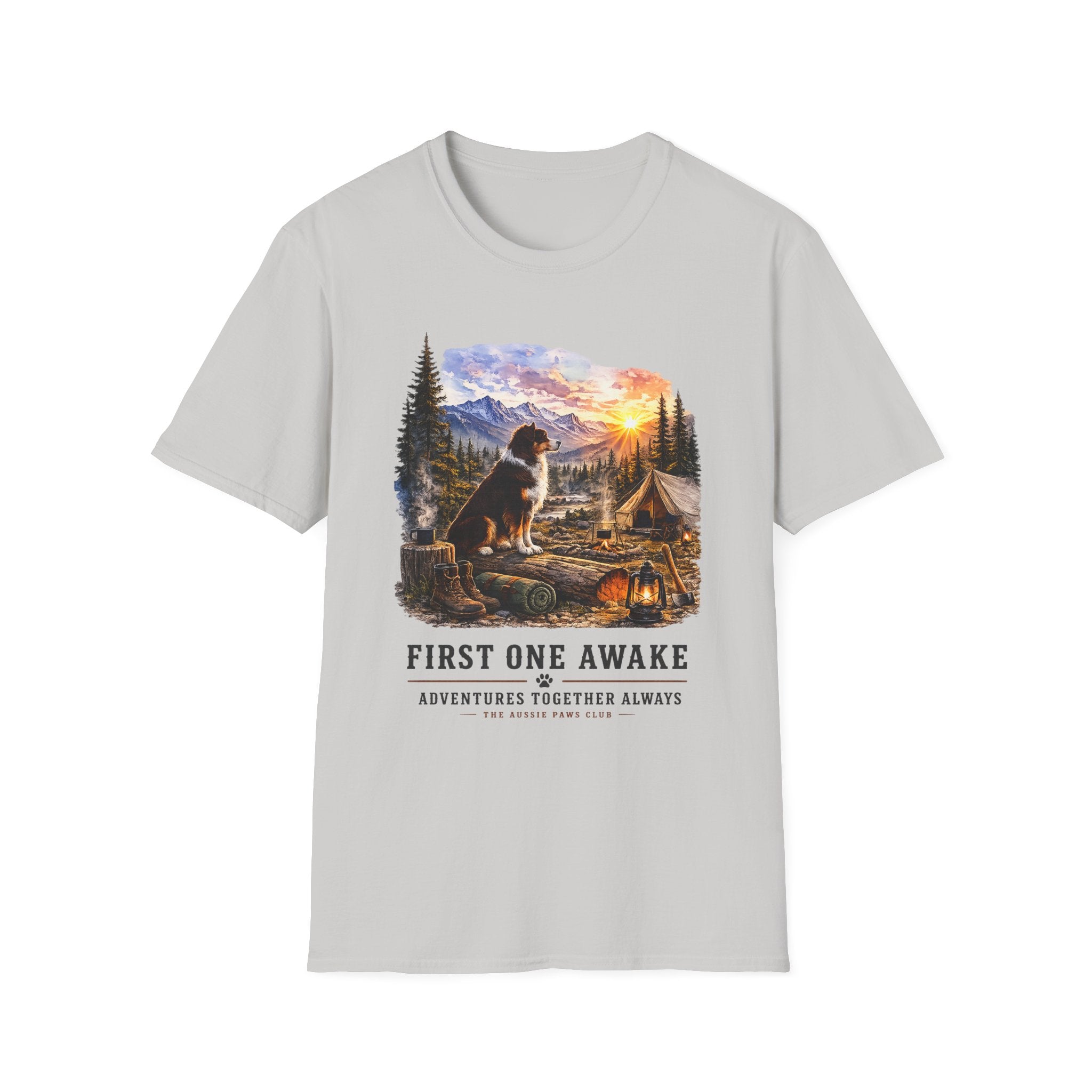 Red Tri Aussie Shepherd Camping T-Shirt — "First One Awake" Scenic Mountain Sunrise Tee