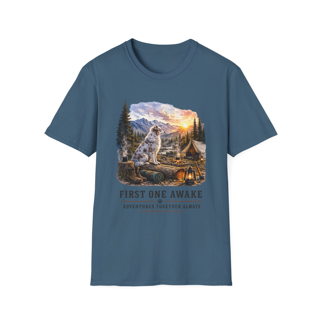 Aussie Red Merle Camping T-Shirt — "First One Awake" Scenic Mountain Sunrise Tee