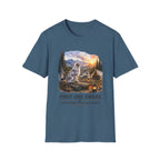 Aussie Red Merle Camping T-Shirt — "First One Awake" Scenic Mountain Sunrise Tee