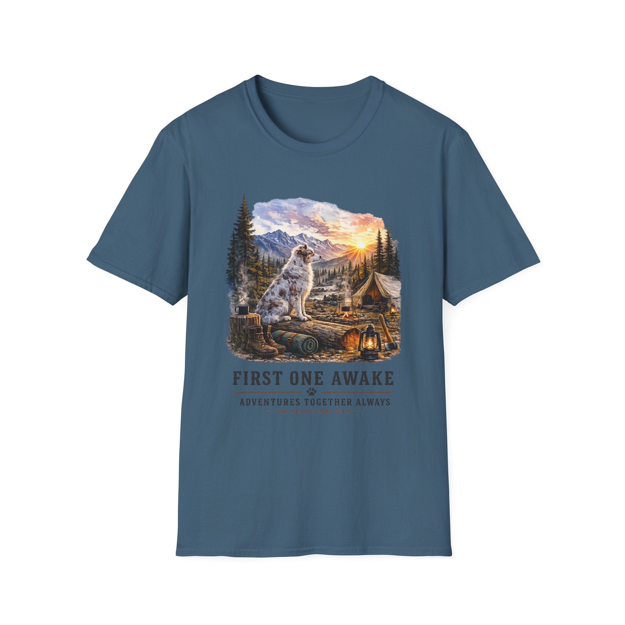 Aussie Red Merle Camping T-Shirt — "First One Awake" Scenic Mountain Sunrise Tee
