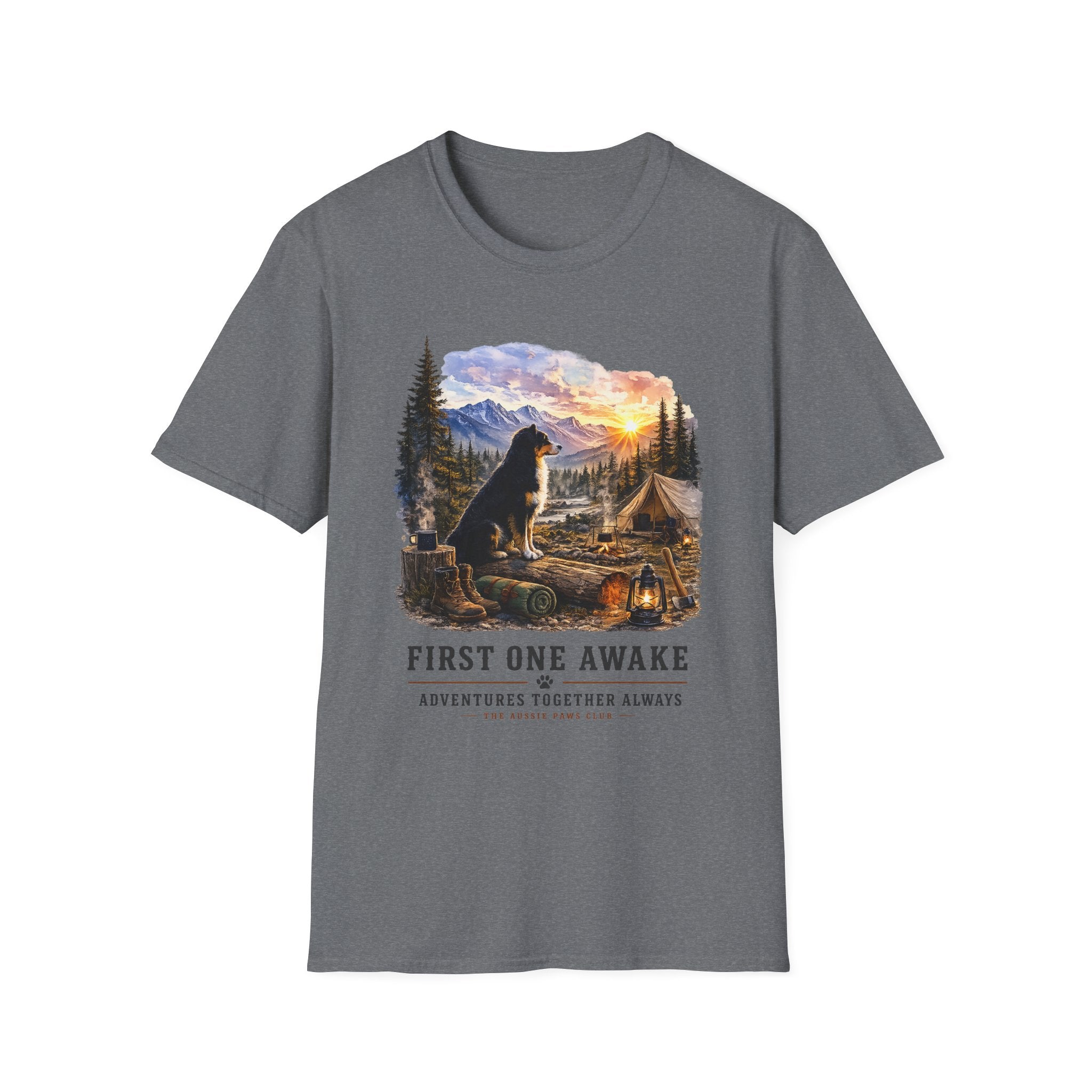 Black Tri Colored Aussie Shepherd Camping T-Shirt — "First One Awake" Scenic Mountain Sunrise Tee