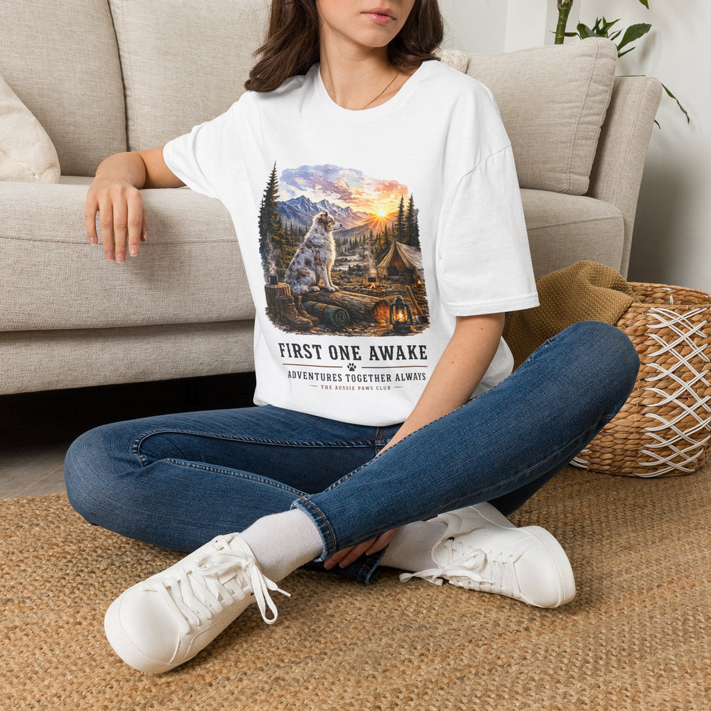 Aussie Red Merle Camping T-Shirt — "First One Awake" Scenic Mountain Sunrise Tee