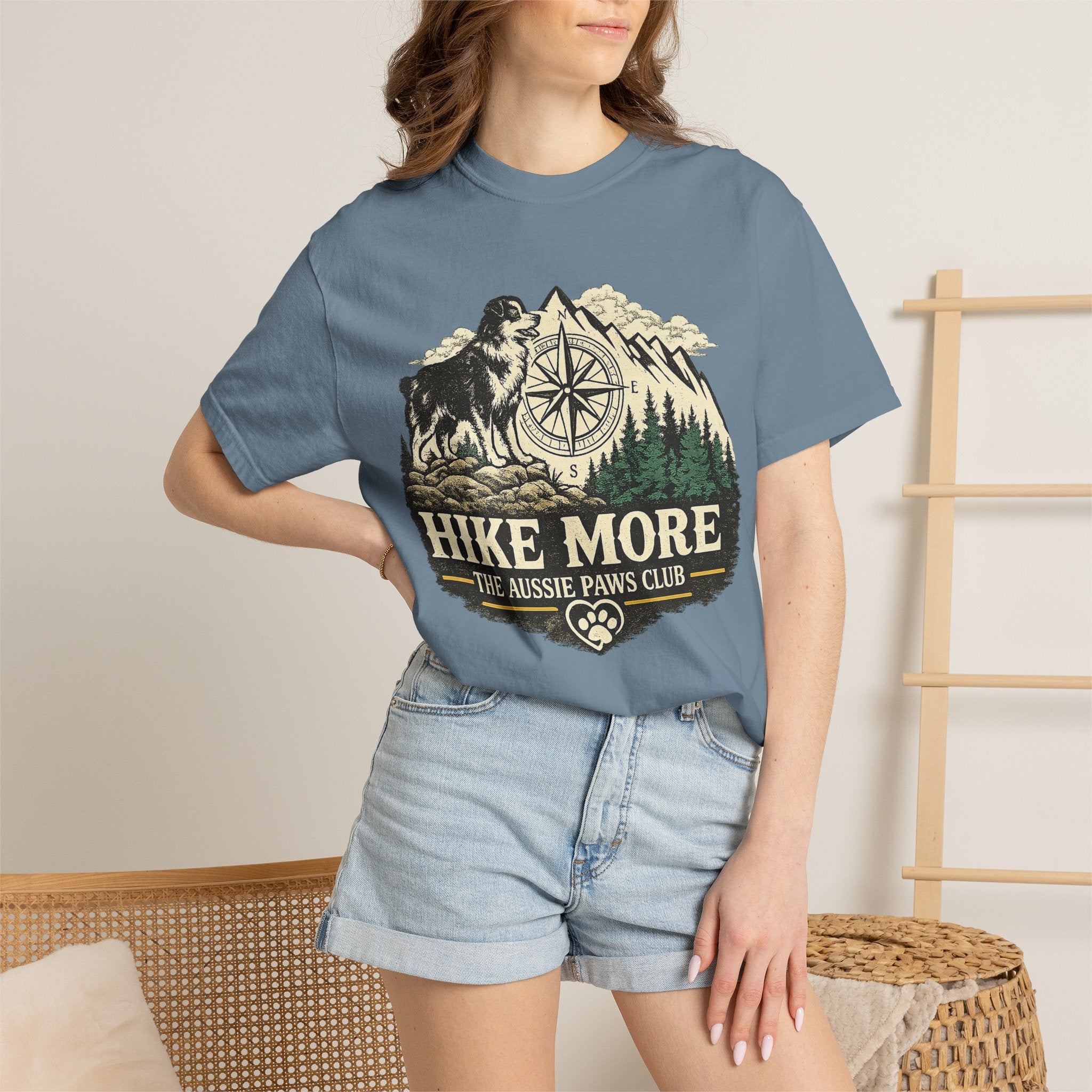 Hike More Australian Shepherd T-Shirt | Vintage Compass Mountain Trail Tee