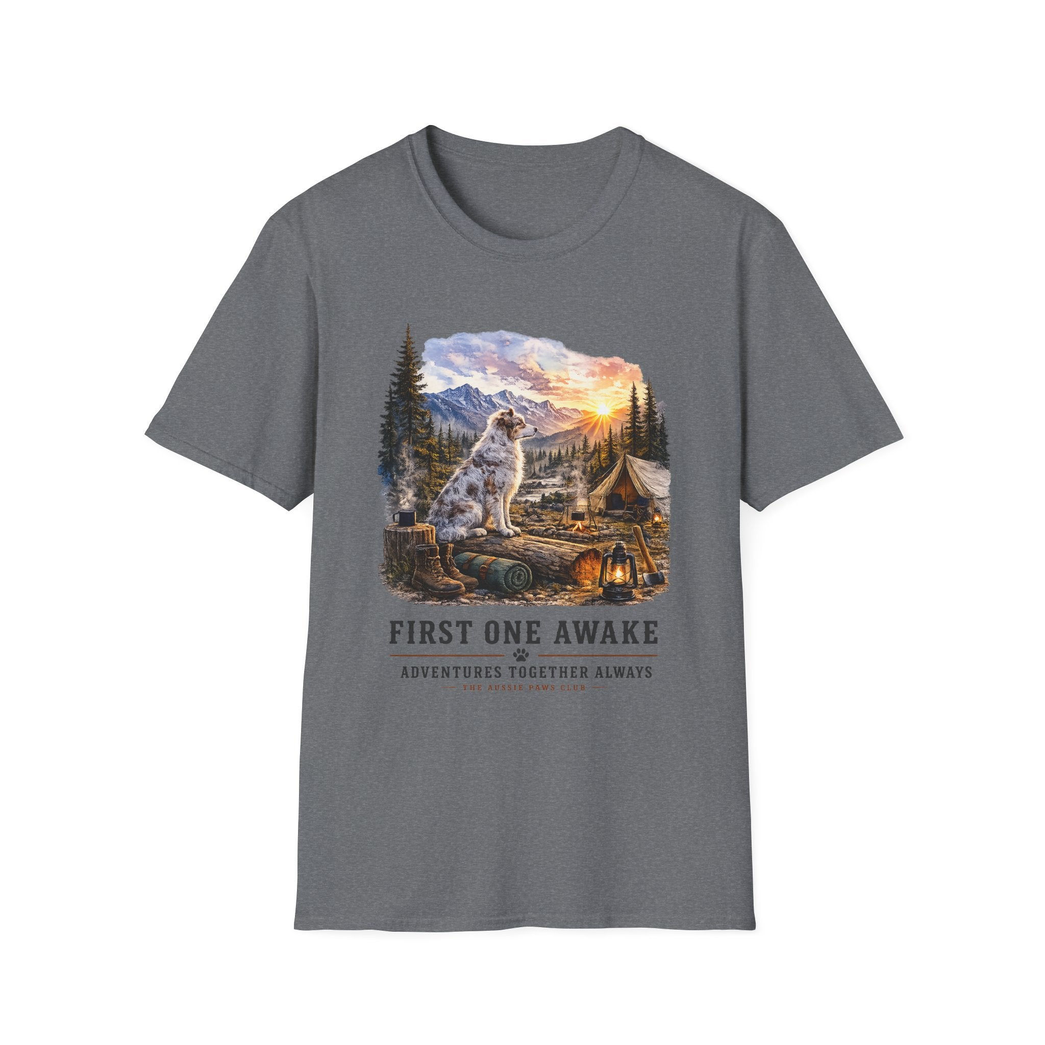 Aussie Red Merle Camping T-Shirt — "First One Awake" Scenic Mountain Sunrise Tee